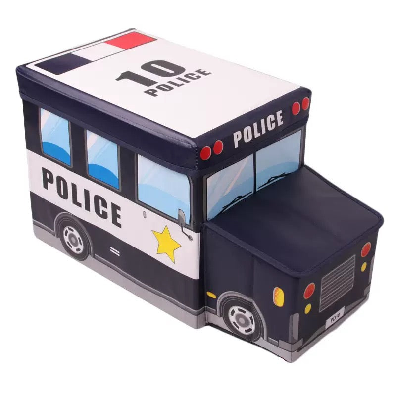 Foldable Kids Toy Storage Chest & Storage Seat - Fun Vehicle Themed Organizer for Playrooms: School Bus, Police Car, and Fire Truck