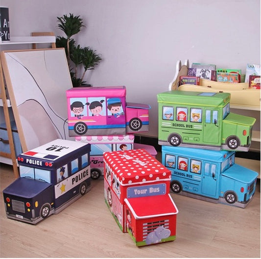 Foldable Kids Toy Storage Chest & Storage Seat - Fun Vehicle Themed Organizer for Playrooms: School Bus, Police Car, and Fire Truck