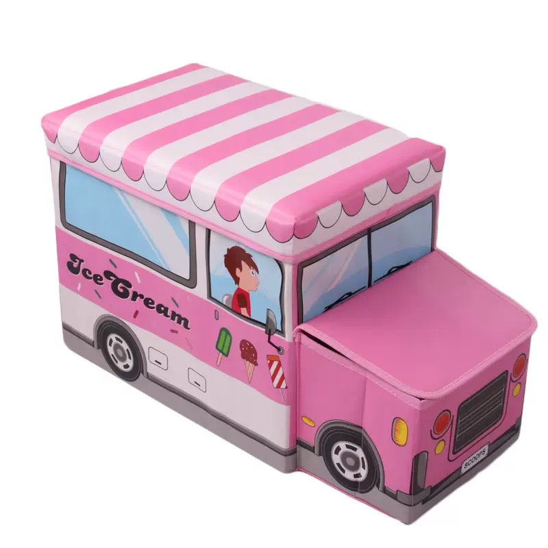 Foldable Kids Toy Storage Chest & Storage Seat - Fun Vehicle Themed Organizer for Playrooms: School Bus, Police Car, and Fire Truck