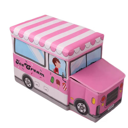 Foldable Kids Toy Storage Chest & Storage Seat - Fun Vehicle Themed Organizer for Playrooms: School Bus, Police Car, and Fire Truck