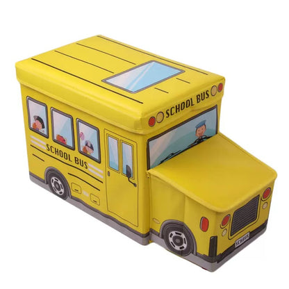 Foldable Kids Toy Storage Chest & Storage Seat - Fun Vehicle Themed Organizer for Playrooms: School Bus, Police Car, and Fire Truck
