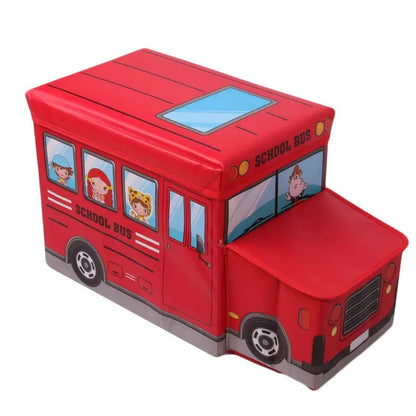 Foldable Kids Toy Storage Chest & Storage Seat - Fun Vehicle Themed Organizer for Playrooms: School Bus, Police Car, and Fire Truck