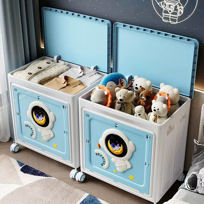 Stackable Astronaut Storage Bins with Wheels - Collapsible Toy Organizer with Front-Opening Doors for Kids' Room & Playroom
